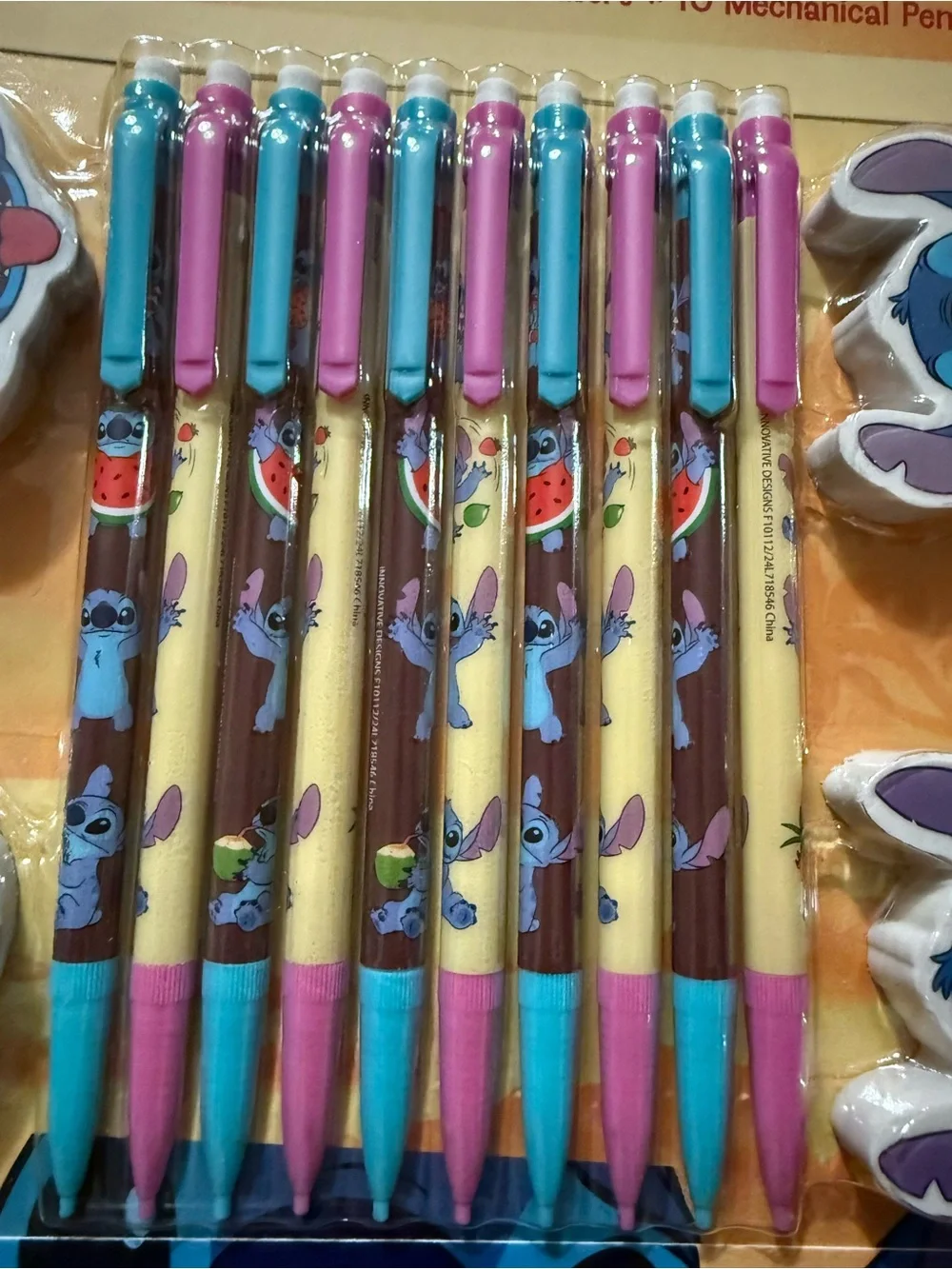 Disney Stitch Mechanical Pencil & Eraser Pack - Pink, Blue, Yellow